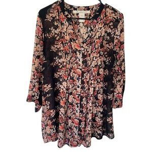 AMERICAN RAGS Womens Sheer‎ Black & Floral Blouse Pleated Button Detail SZ L